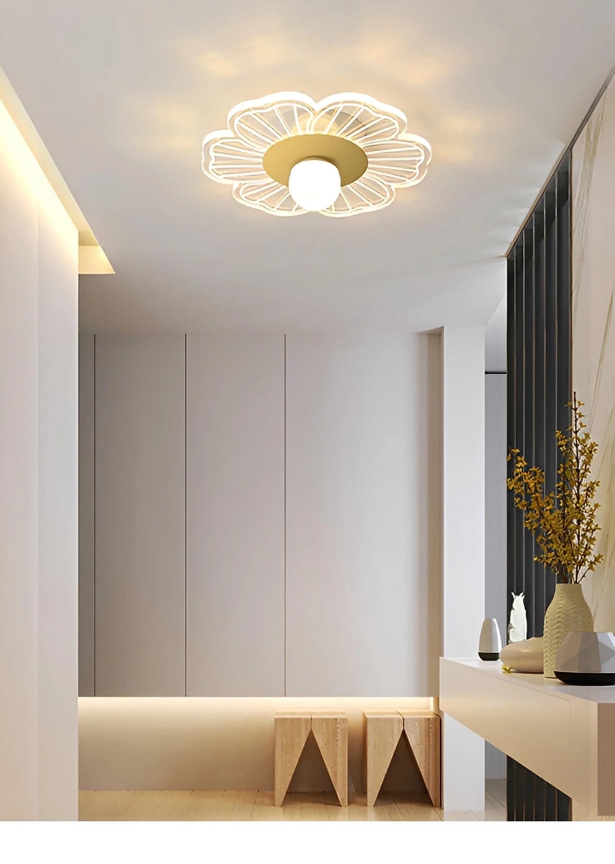 Plafonnier LED Forme de Fleur 26cm Blanc Doré Fer et Acrylique