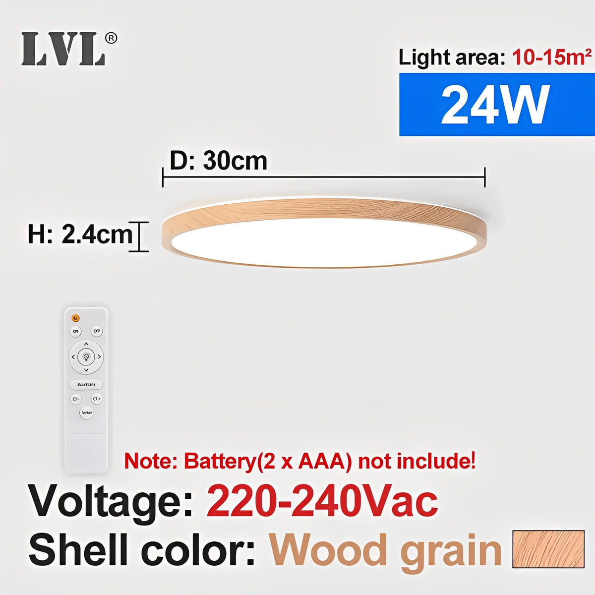 Plafonnier LED Grain de Bois 24W 32W Dimmable Télécommande Noir Blanc Doré