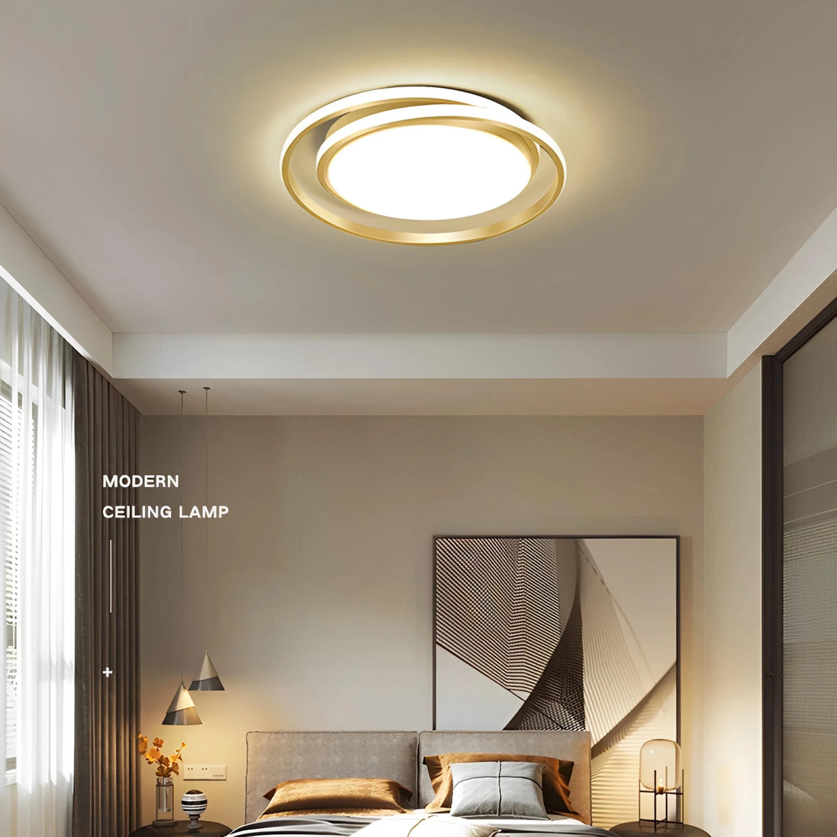 Plafonnier LED Anneaux Croisés 60cm Doré Noir Dimmable Télécommande