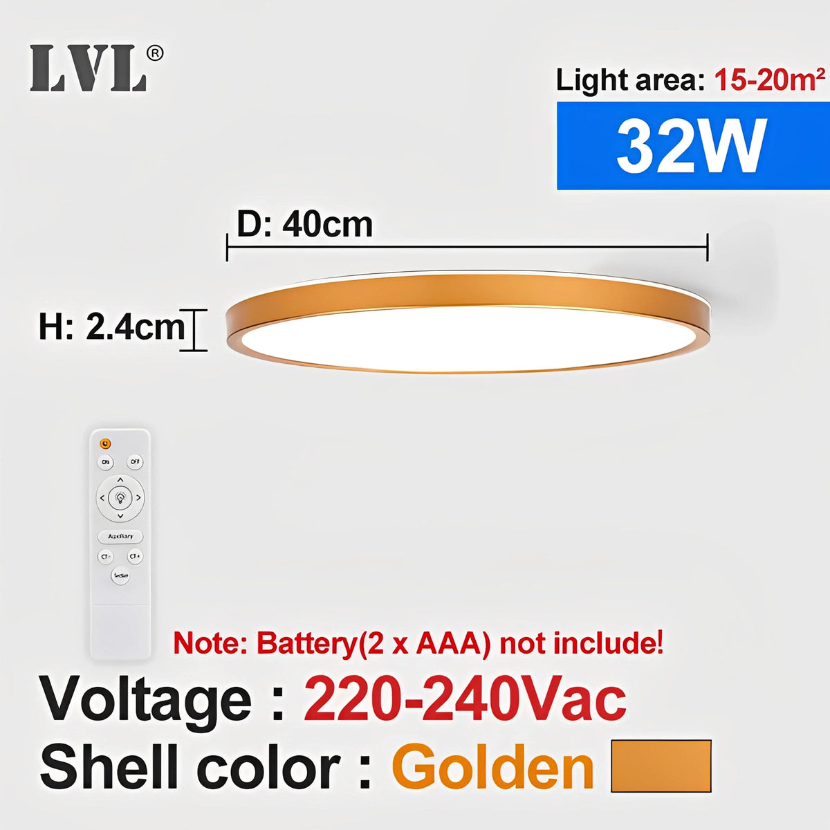 Plafonnier LED Grain de Bois 24W 32W Dimmable Télécommande Noir Blanc Doré