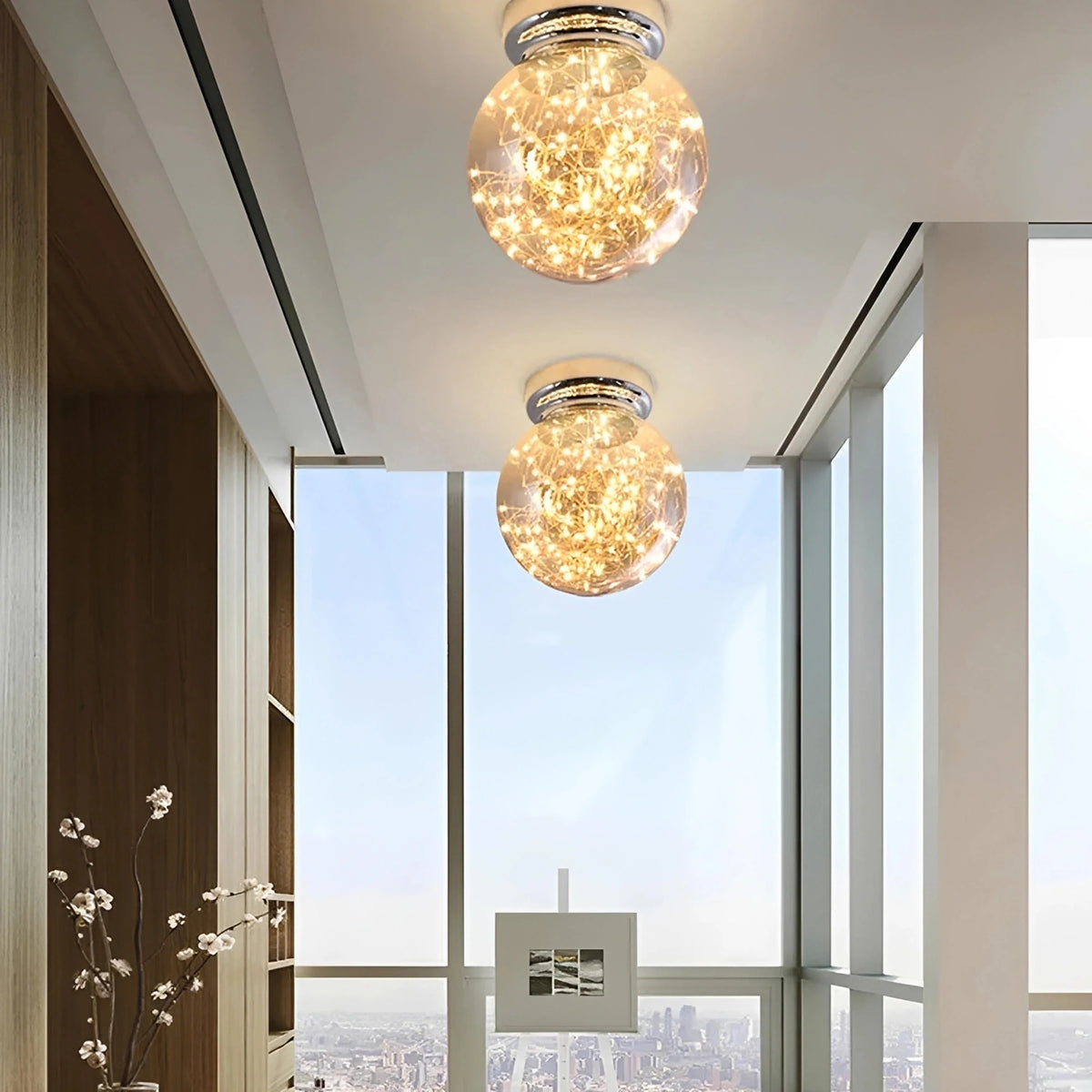 Plafonnier LED Globe Verre Micro-LED Ambré Gris Fumé Effet Étoilé