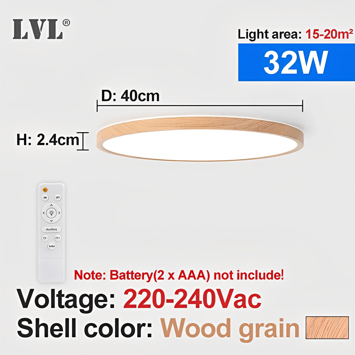 Plafonnier LED Grain de Bois 24W 32W Dimmable Télécommande Noir Blanc Doré