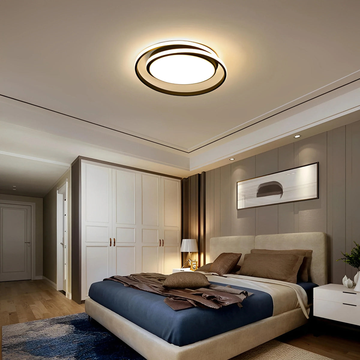 Plafonnier LED Anneaux Croisés 60cm Doré Noir Dimmable Télécommande