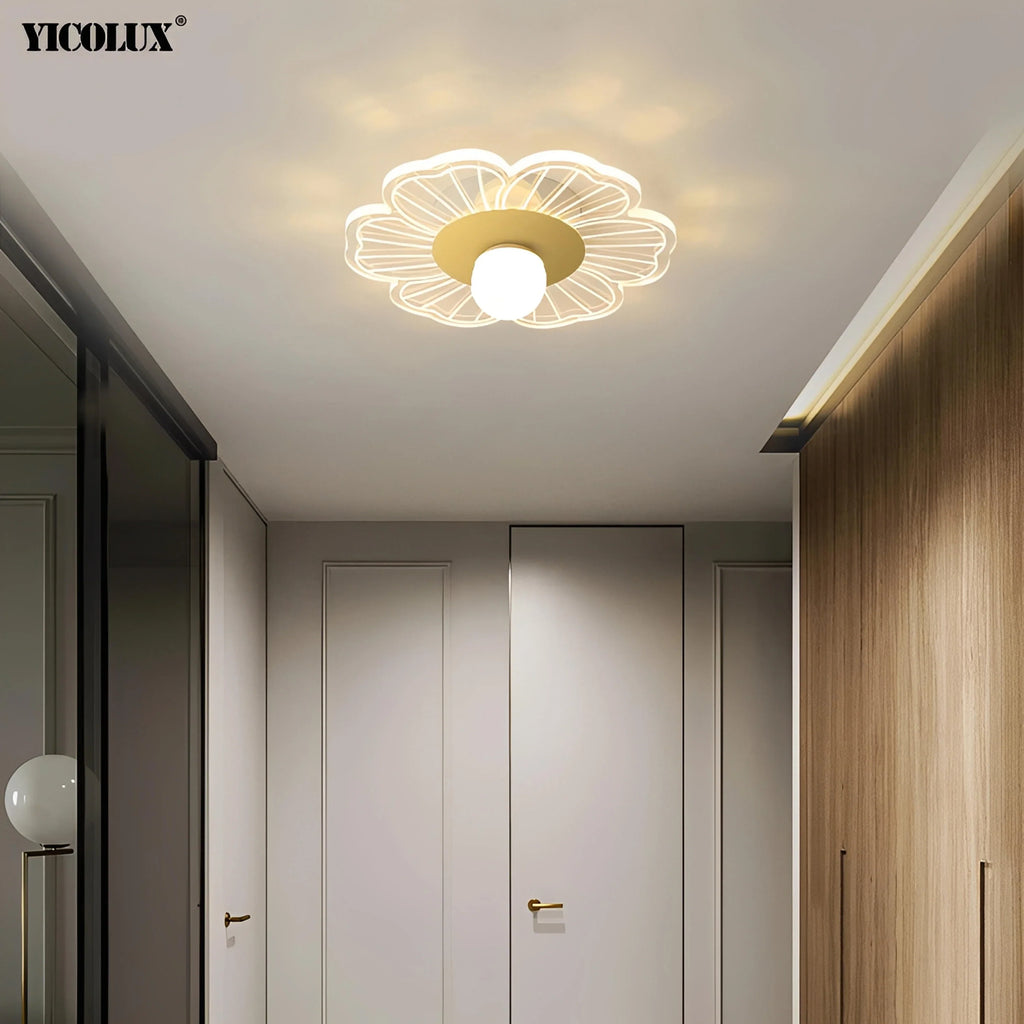 Plafonnier LED Forme de Fleur 26cm Blanc Doré Fer et Acrylique