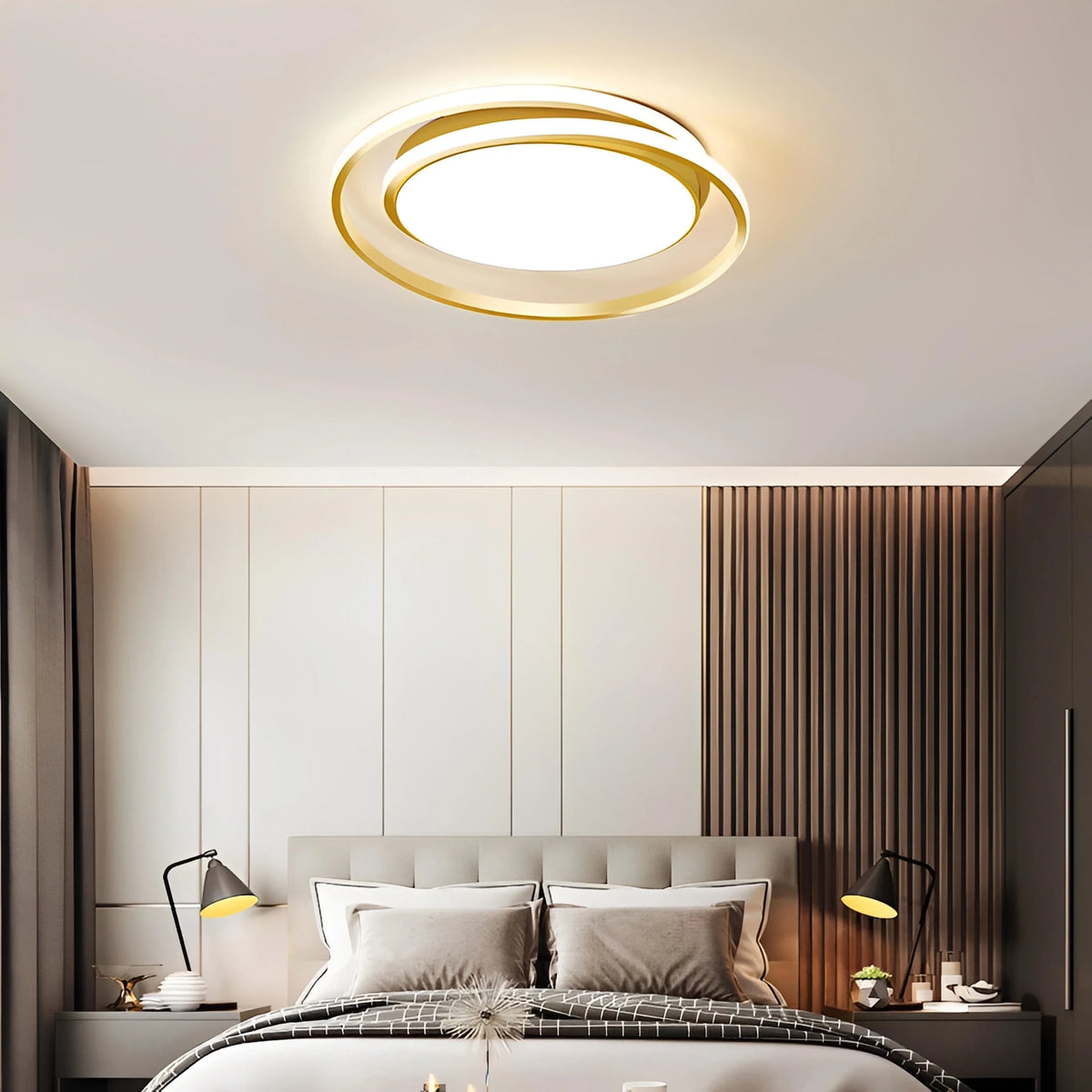 Plafonnier LED Anneaux Croisés 60cm Doré Noir Dimmable Télécommande