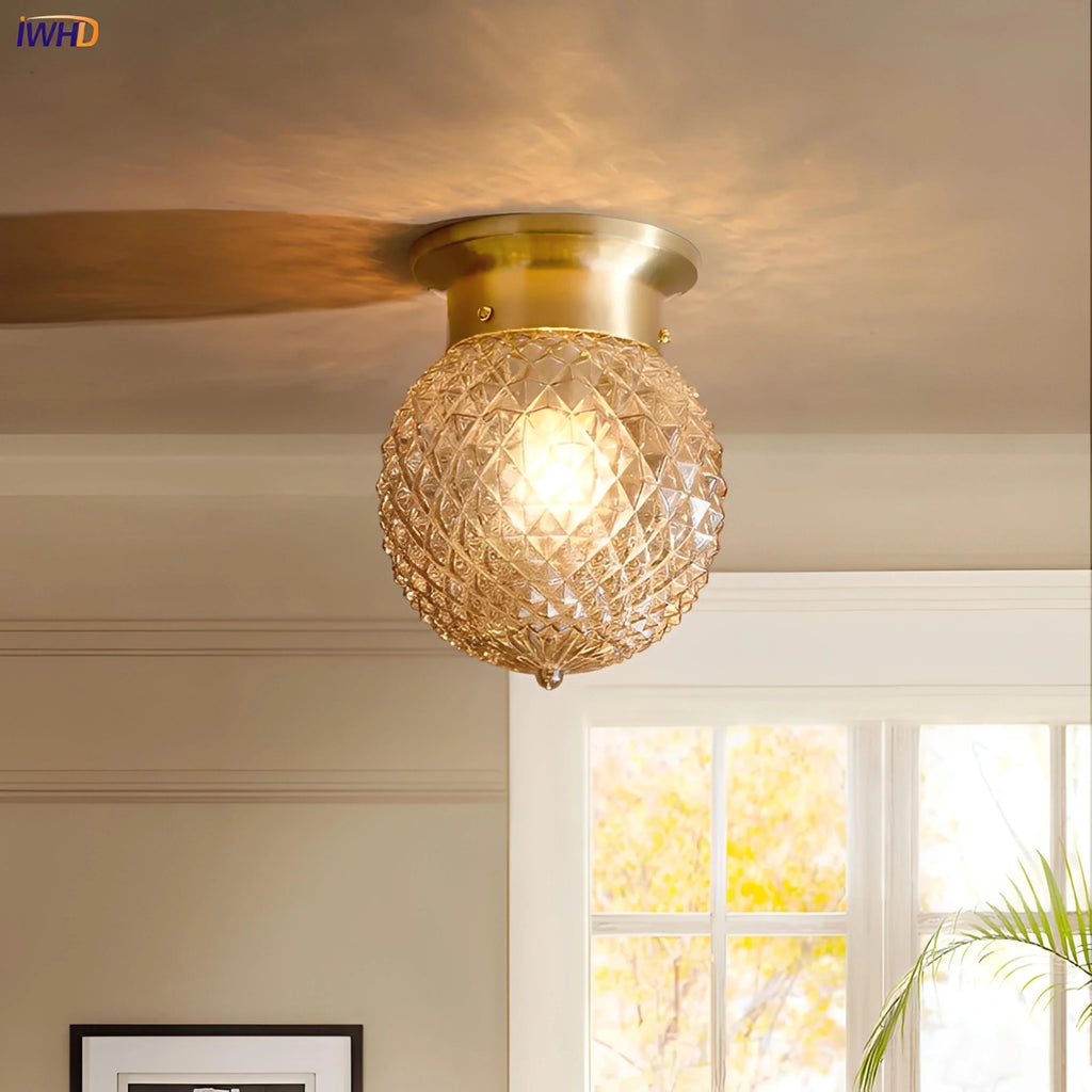 Plafonnier LED Métal Cuivré et Verre Ambré Globe