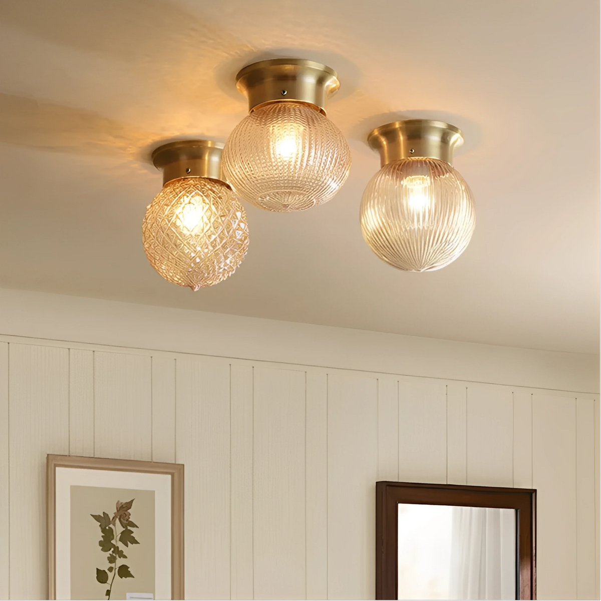 Plafonnier LED Métal Cuivré et Verre Ambré Globe