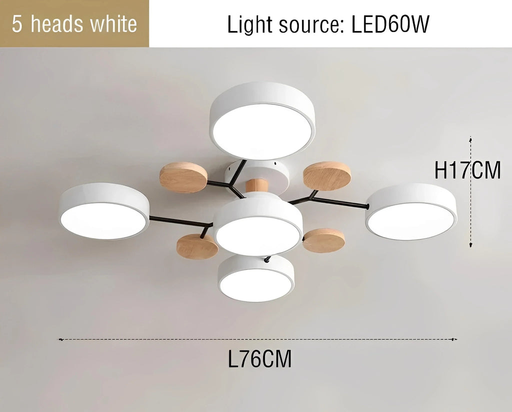 Plafonnier LED Métal et Bois Multi-Lampes Rondes 5 ou 6 Lumières Gris Blanc