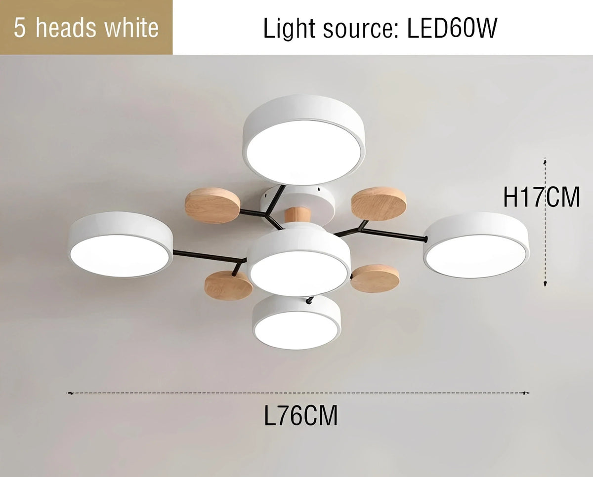 Plafonnier LED Métal et Bois Multi-Lampes Rondes 5 ou 6 Lumières Gris Blanc