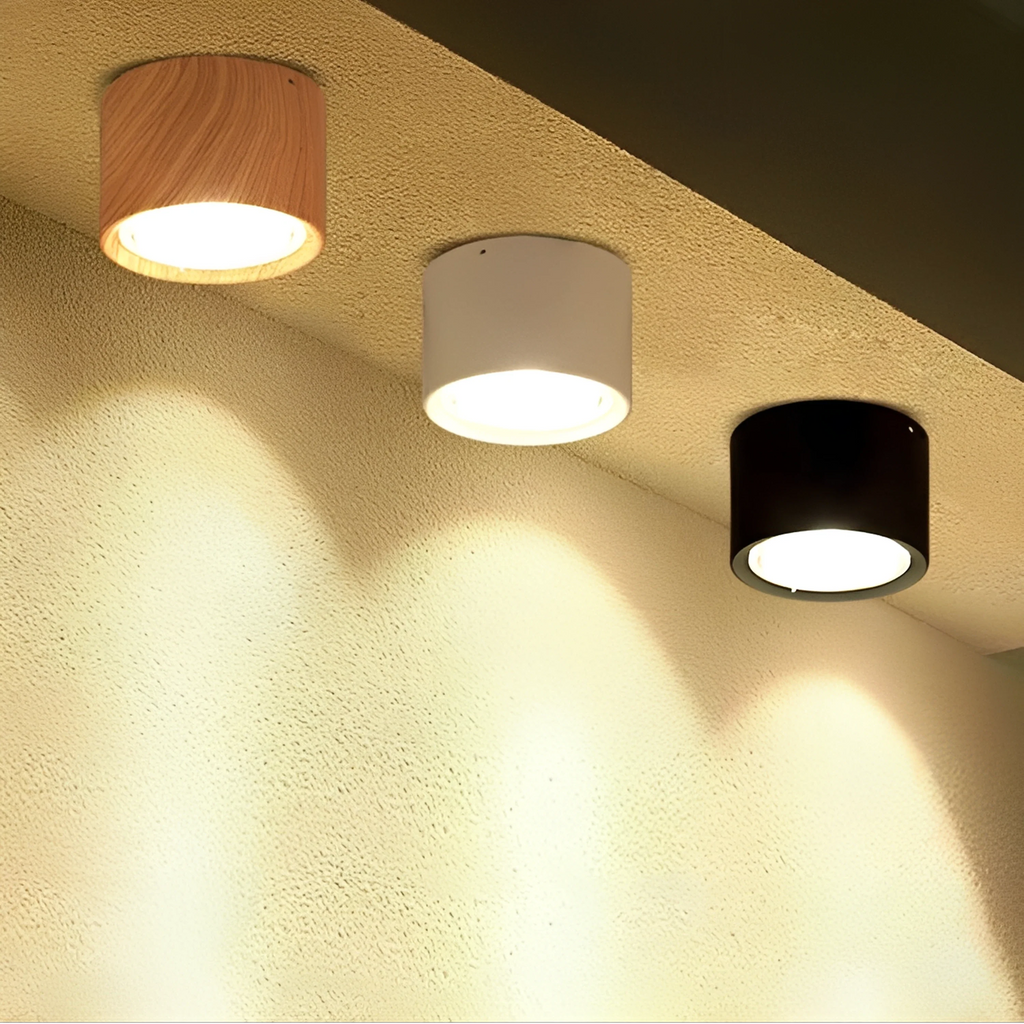 Plafonnier LED Bois Cylindre Compact 12cm Noir Blanc Naturel