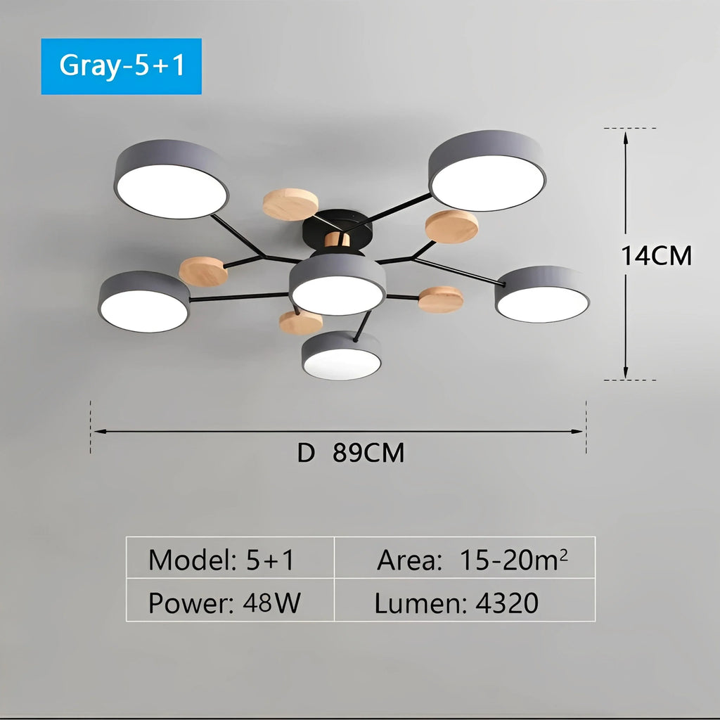 Plafonnier LED Métal et Bois Multi-Lampes Rondes 5 ou 6 Lumières Gris Blanc