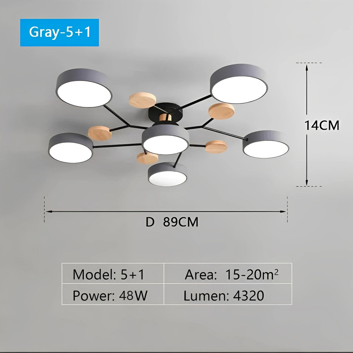 Plafonnier LED Métal et Bois Multi-Lampes Rondes 5 ou 6 Lumières Gris Blanc