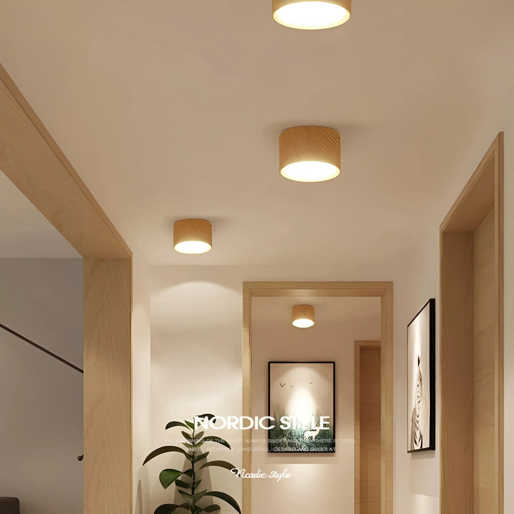 Plafonnier LED Bois Cylindre Compact 12cm Noir Blanc Naturel