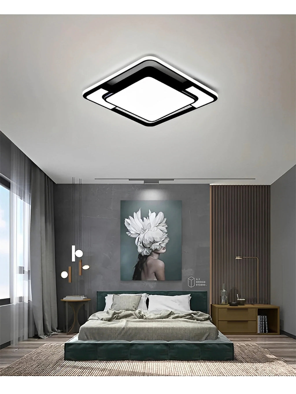 Plafonnier LED Carré Losange Noir 42cm 52cm Dimmable Télécommande