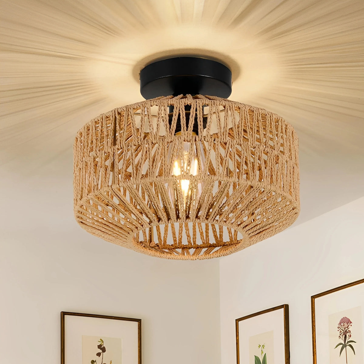 Plafonnier Rotin Bohème Tressé Main Fibre Naturelle