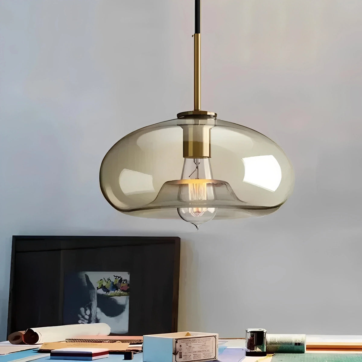 Plafonnier Vintage Verre Fumé Laiton Doré 25cm 28cm Nordique