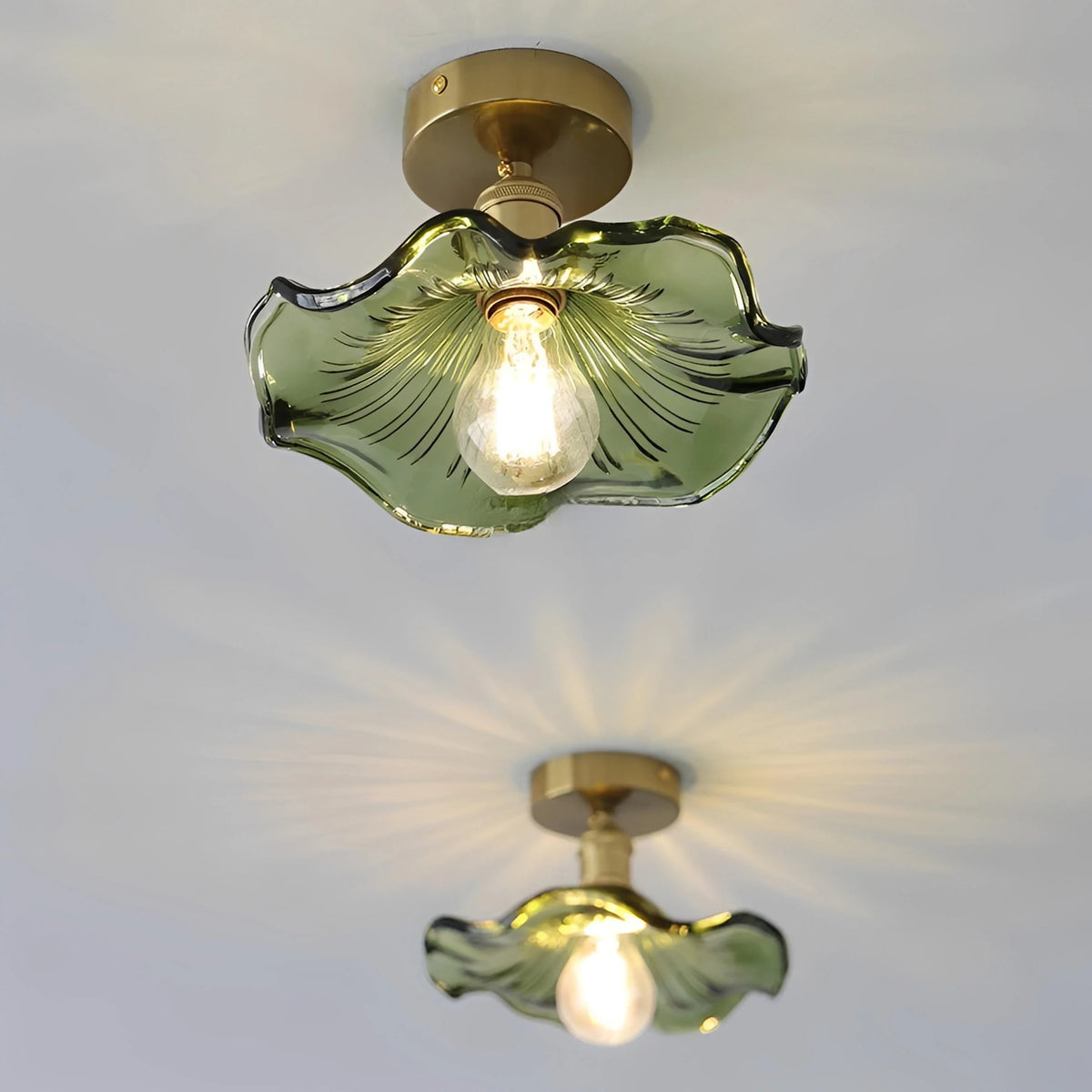 Plafonnier Verre Ondulé Vintage Transparent Vert E27