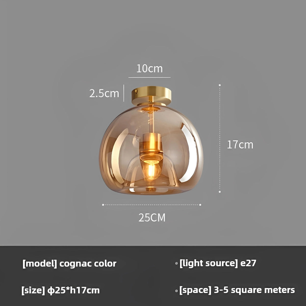 Plafonnier LED Verre Ambré ou Gris Fumé Avec ou Sans Tige