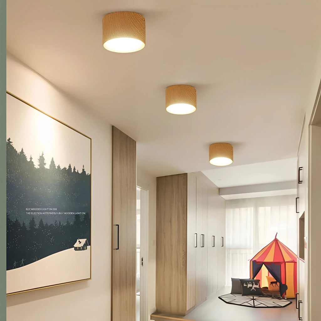 Plafonnier LED Bois Cylindre Compact 12cm Noir Blanc Naturel