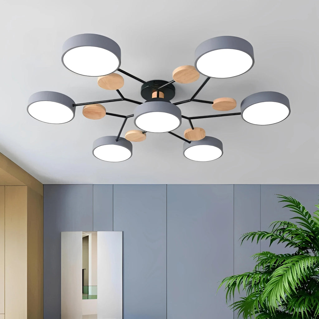 Plafonnier LED Métal et Bois Multi-Lampes Rondes 5 ou 6 Lumières Gris Blanc