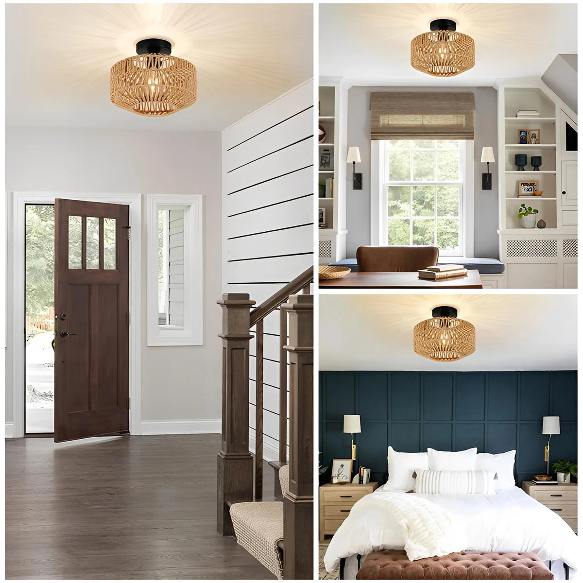 Plafonnier Rotin Bohème Tressé Main Fibre Naturelle