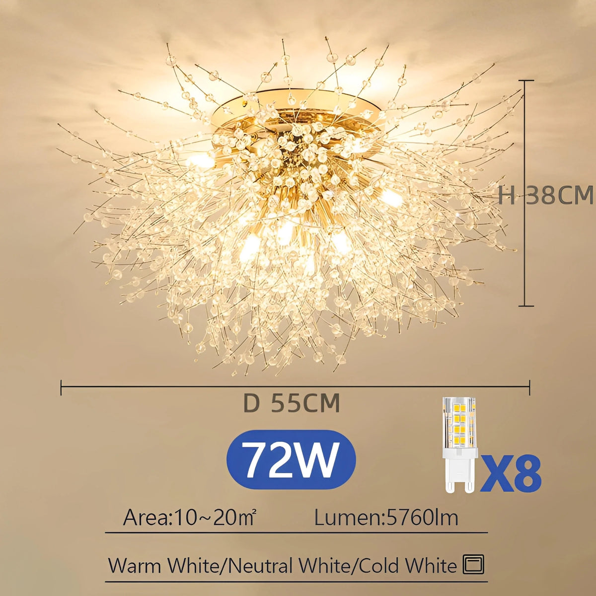 Plafonnier LED Cristal Pissenlit Suspendu Doré Argent