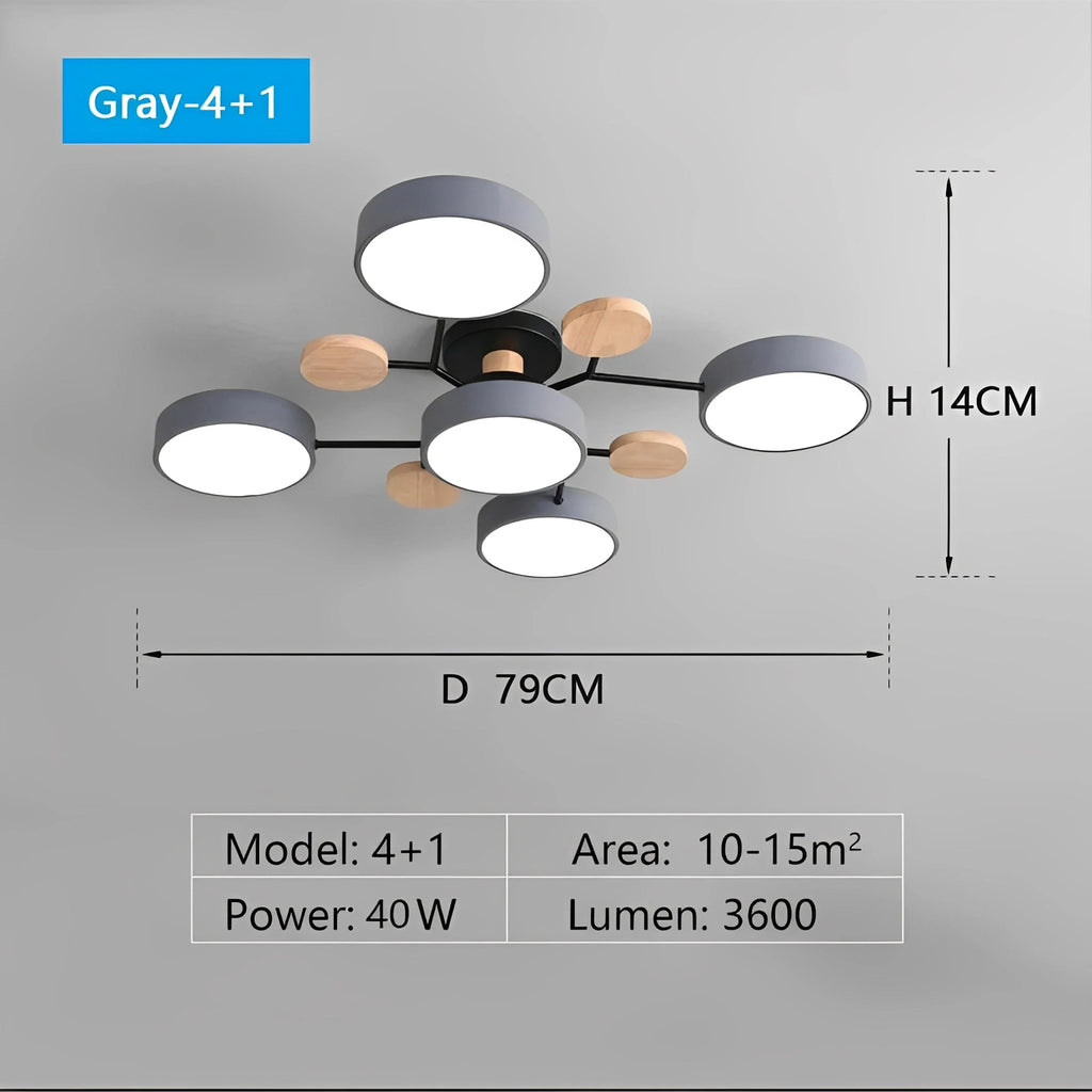 Plafonnier LED Métal et Bois Multi-Lampes Rondes 5 ou 6 Lumières Gris Blanc