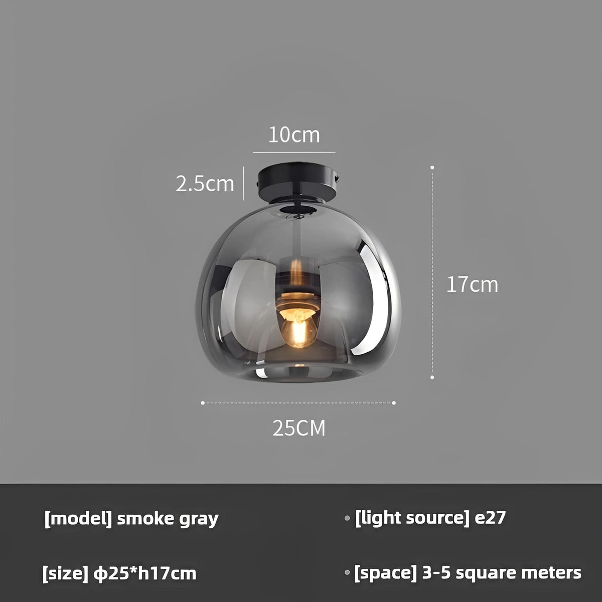 Plafonnier LED Verre Ambré ou Gris Fumé Avec ou Sans Tige