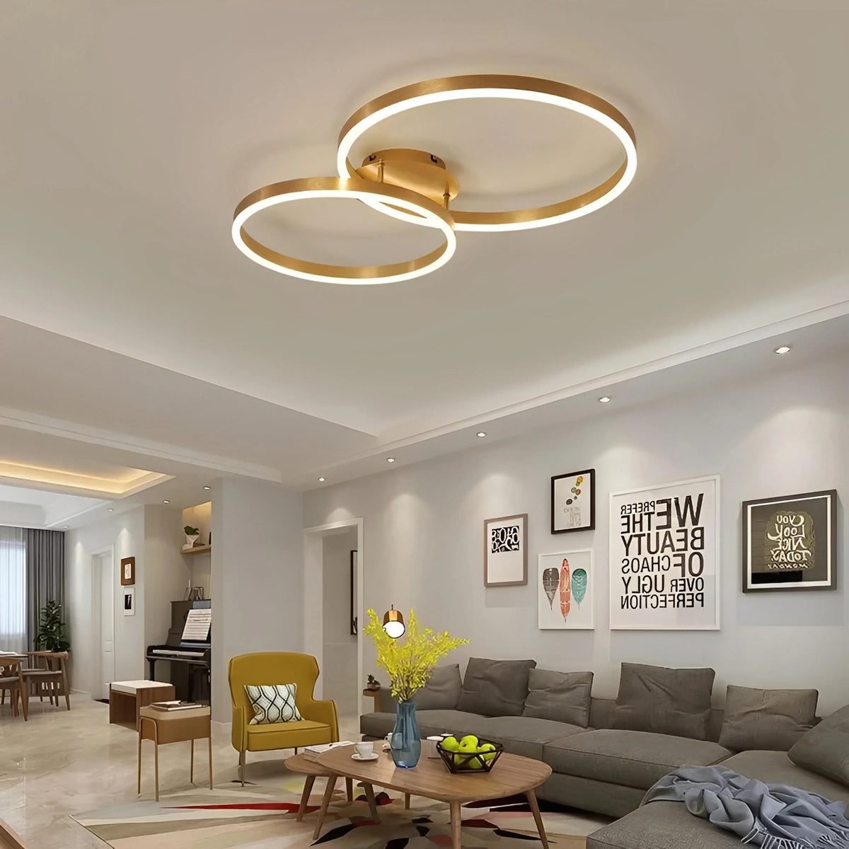 Plafonnier LED Rond Doré Anneaux Acrylique 40cm à 60cm Dimmable Télécommande