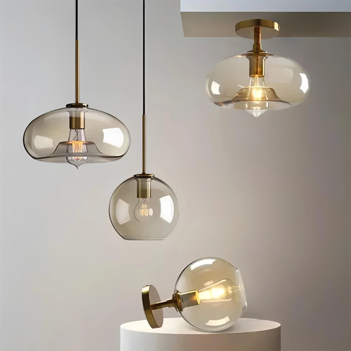 Plafonnier Vintage Verre Fumé Laiton Doré 25cm 28cm Nordique