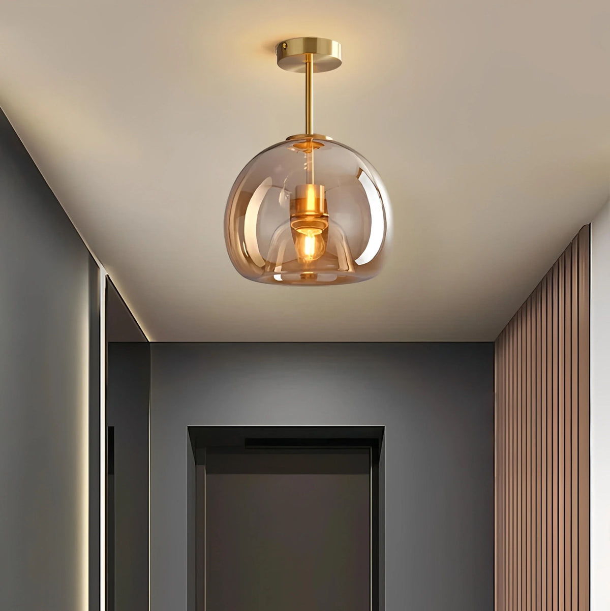 Plafonnier LED Verre Ambré ou Gris Fumé Avec ou Sans Tige