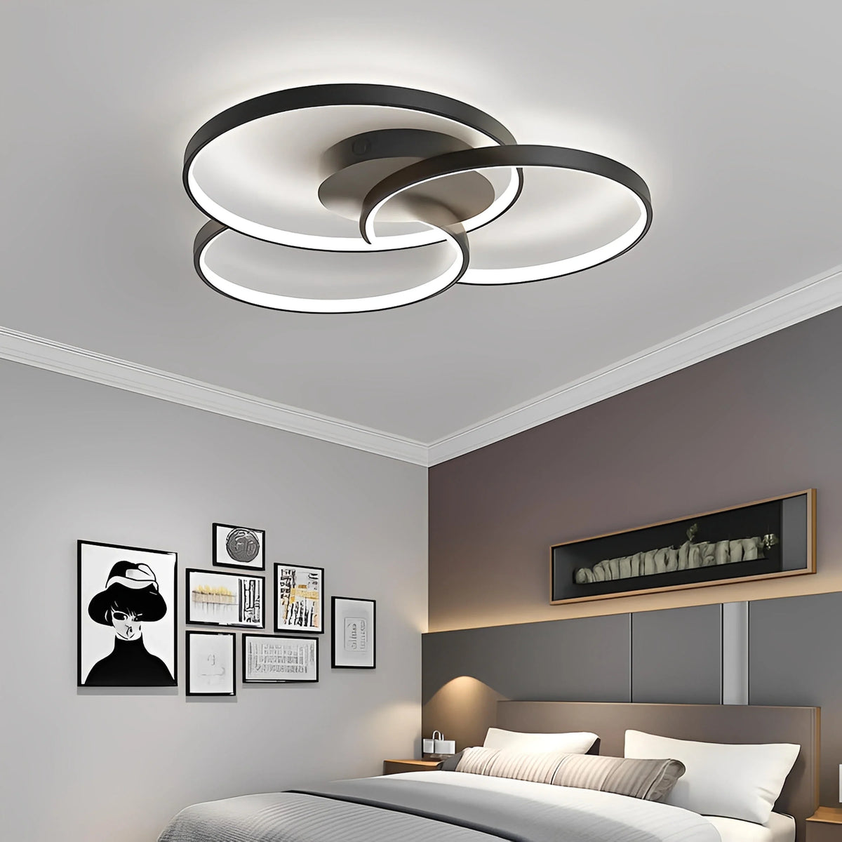 Plafonnier LED Rosace Trois Cercles 58cm 74cm 90cm Noir Blanc Dimmable