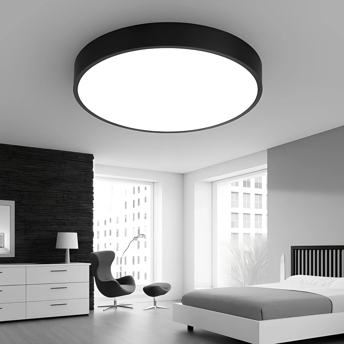 Plafonnier LED Rond Plat 5cm d'Épaisseur 23cm à 60cm Noir Blanc Dimmable