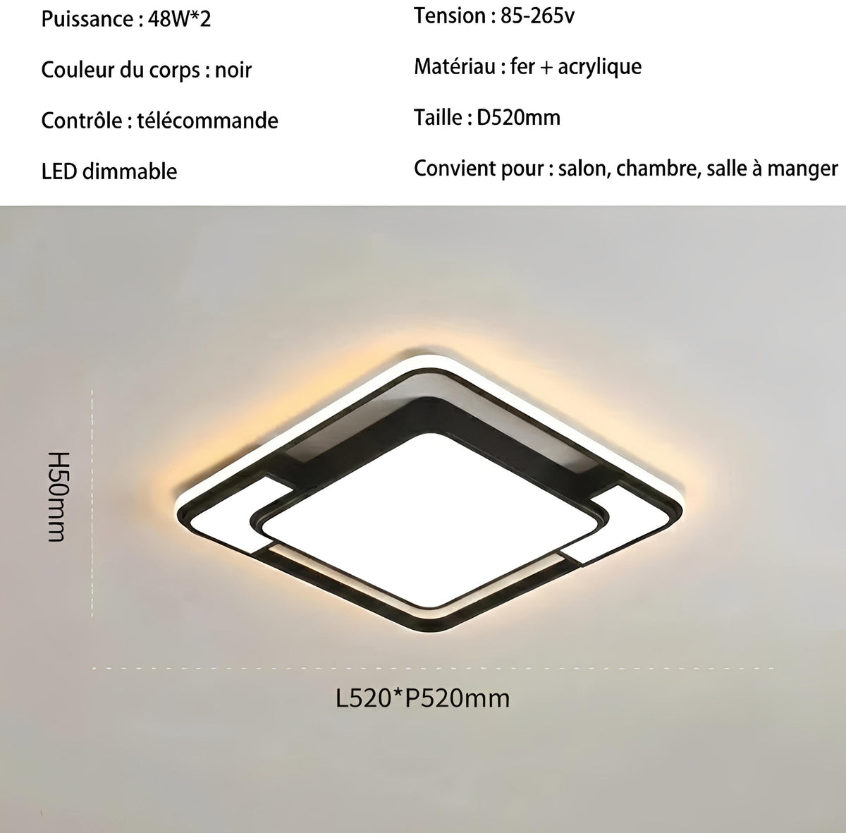 Plafonnier LED Carré Losange Noir 42cm 52cm Dimmable Télécommande