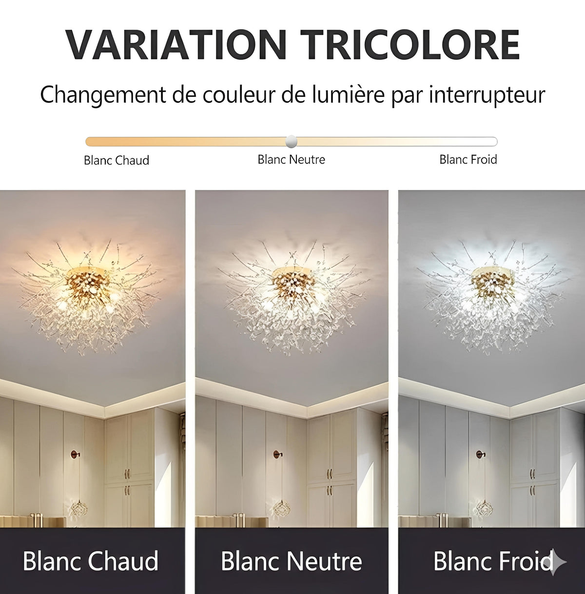 Plafonnier LED Cristal Pissenlit Suspendu Doré Argent