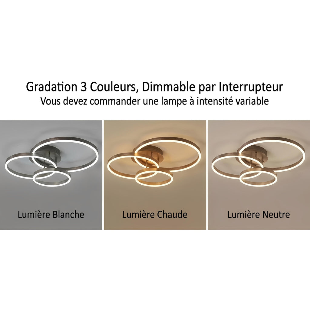 Plafonnier LED Rond Doré Anneaux Acrylique 40cm à 60cm Dimmable Télécommande