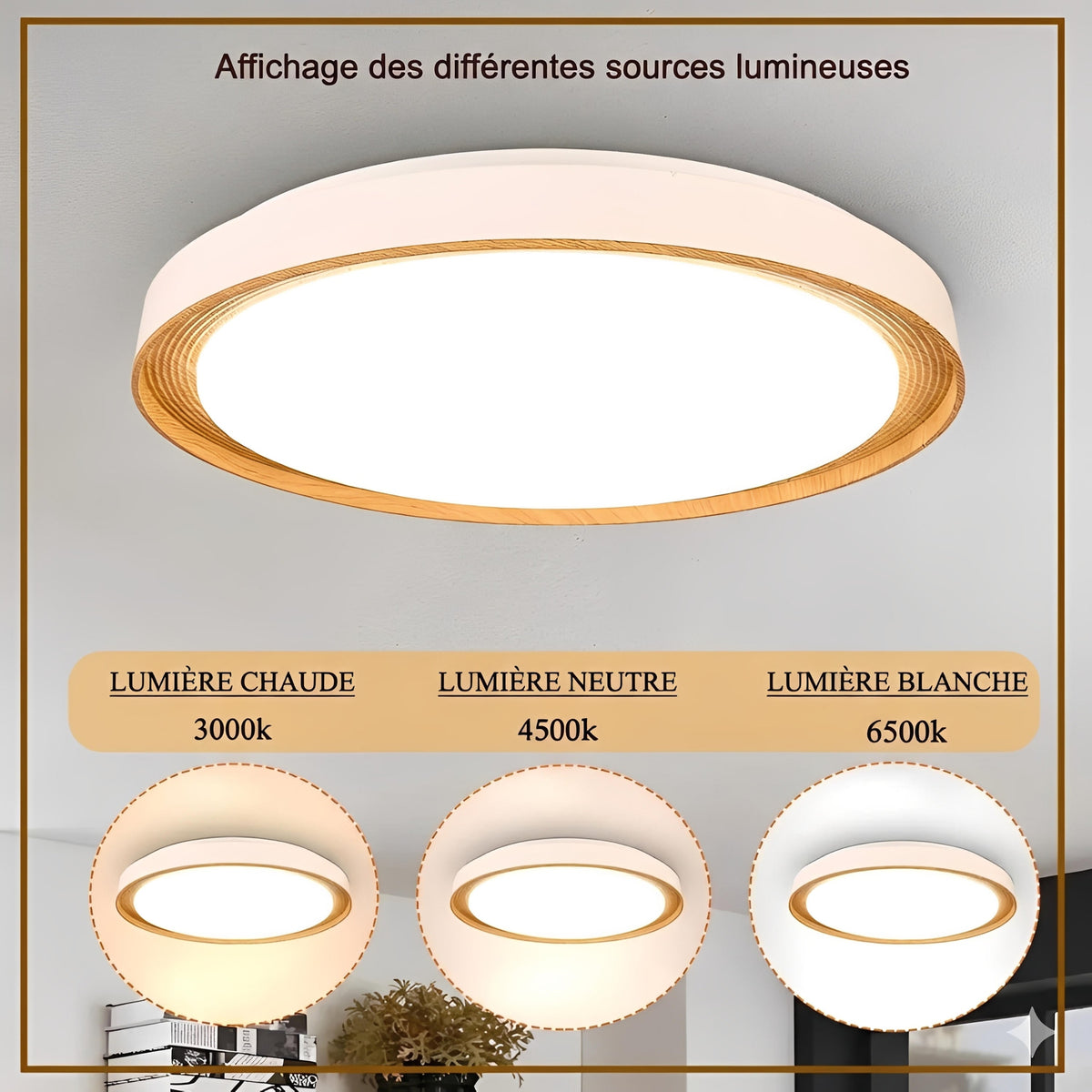 Plafonnier LED Bois Rond Cerclage Strié Tricolore
