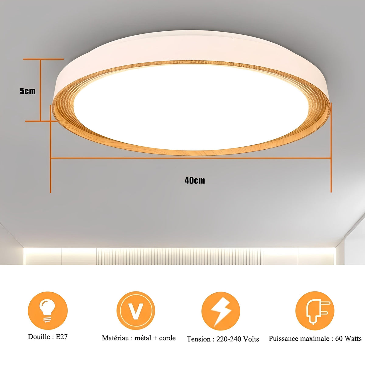 Plafonnier LED Bois Rond Cerclage Strié Tricolore