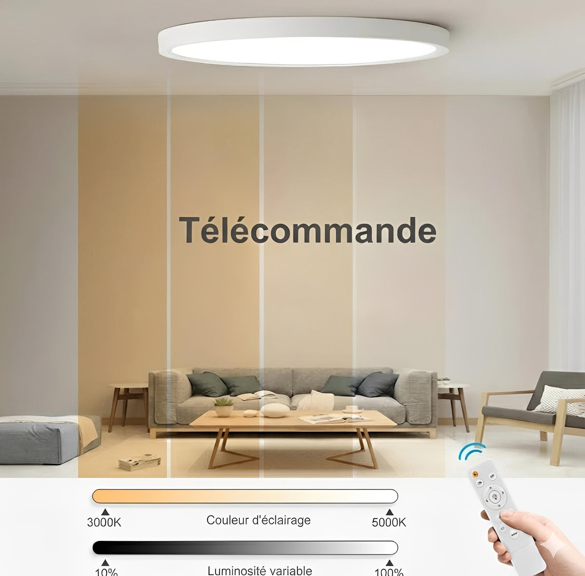 Plafonnier LED Grain de Bois 24W 32W Dimmable Télécommande Noir Blanc Doré