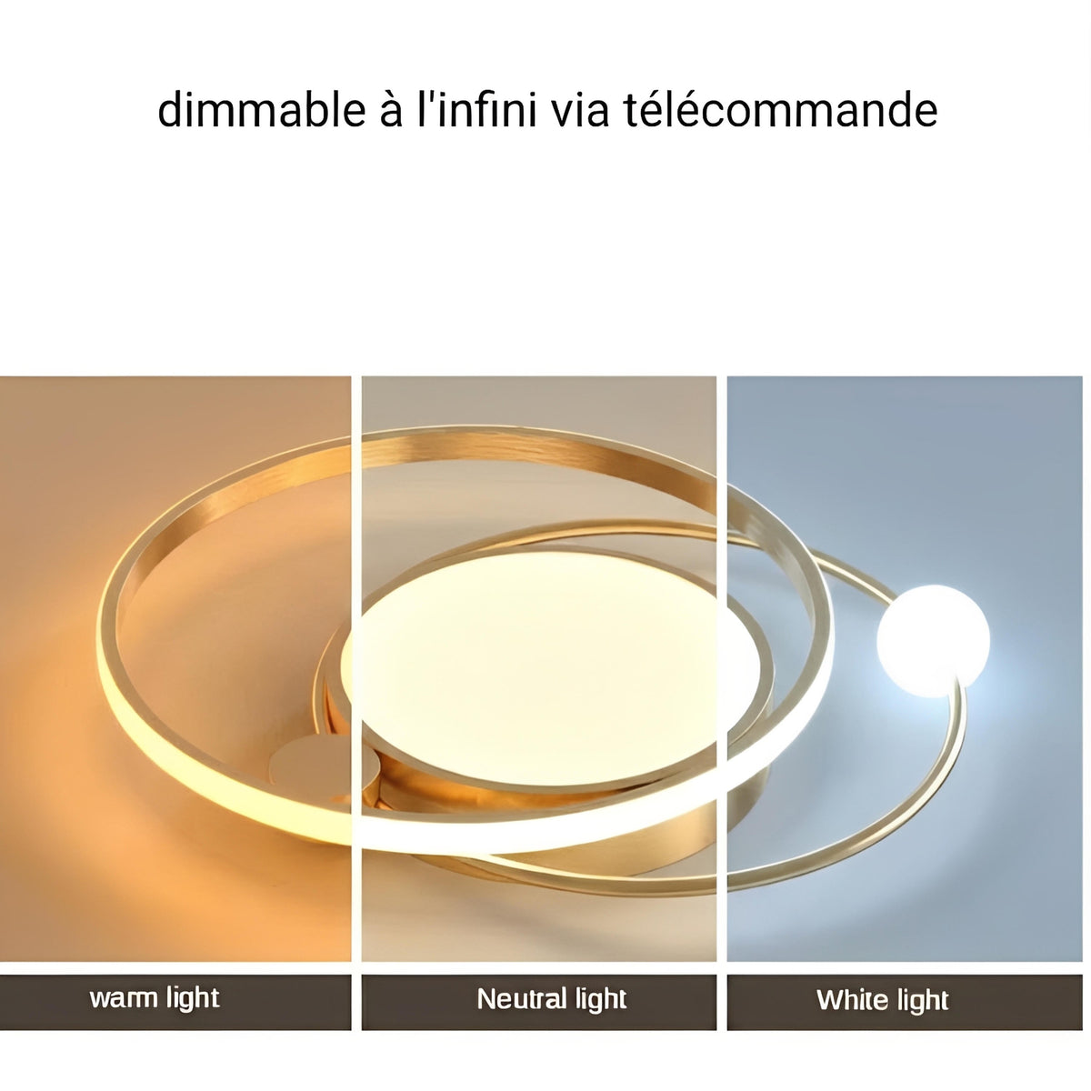 Plafonnier LED Anneau Rond 50cm 60cm Doré Blanc Noir Dimmable Télécommande